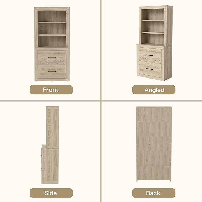 Multi-Depth Bookcase with 2 File Drawers, Bookshelves Floor Standing 3 Tier Adjustable Shelves Organizer and Storage, Solid Bookshelf for Home Office, Living Room, Bed Room