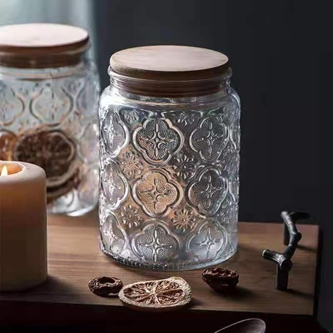 ANSQU Vintage Glass Jars Set Canister Airtight Storage Jar Container with Bamboo Wooden Lids for Kitchen Counter, Pantry, Coffee, Tea, Sugar, Cute Jar, 2 Pack 23.7 FL OZ (Begonia & Sunflower)
