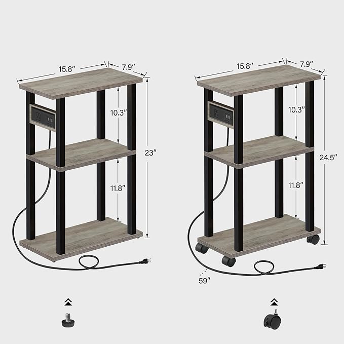 TUTOTAK Small Narrow Side Table with Charging Station, Skinny End Table for Small Spaces, Slim Nightstand with USB Ports and Outlet, Sofa Beside Table with Wheels, Greige TB01BG046