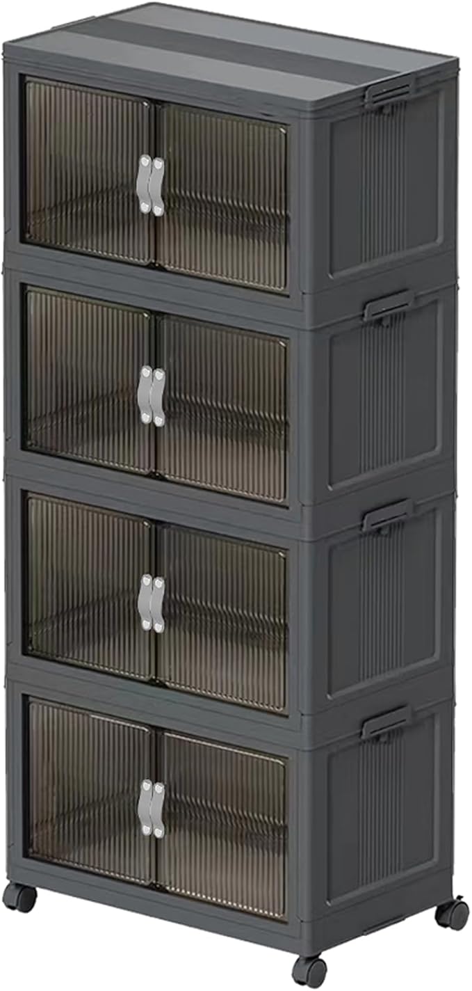 Stackable Storage Bins Wheel, Large Collapsible Closet Organizer with Lid, Foldable Storage Cabinet with Door, Plastic Folding Storage Boxes for Home, Pantry, Office (L, Gray 4-Tier)