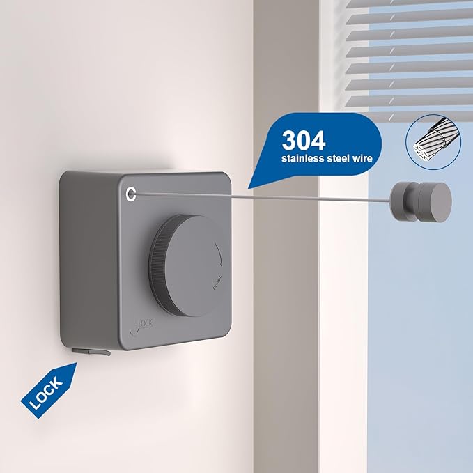 Suntree Retractable Clothesline in Grey - 16.4ft Sag-Proof Stainless Steel Cable, 5 Clips, 2 Installation Kits (No Drill/Drill), 44lb Heavy Duty Wall Mount Indoor Outdoor Laundry Drying Line