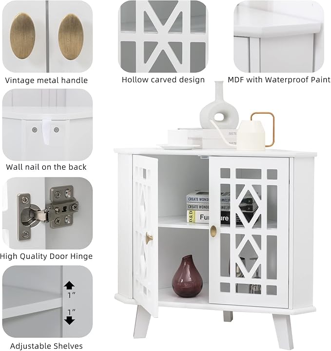 Scurrty 32'' Corner Shelf Stand, Small Corner Table Sideboard Cabinet with 2 Doors and 2-Tier Shelves, Free-Standing Storage Organizer for Living Room, Dining Room & Bathroom (White)