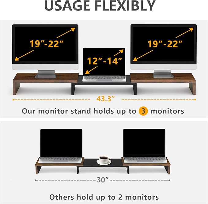 TAVR Dual Monitor Stand Riser, Computer Monitor Stands for 2 Monitors, Extra Long Multifunctional Desktop Organizer Riser for Computer, Laptop, PC, Printer, TV, Max 43.3" Length, Rustic Brown