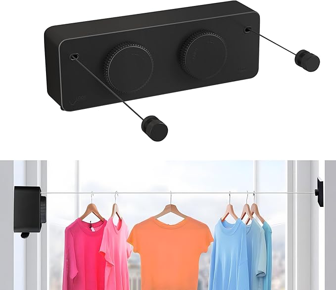 JOOM Retractable Clothesline Indoor Outdoor Clothes Line - Heavy Duty Clothes Drying Laundry Line - Wall Mounted Drying Rack - Air Dry Clothing Lock to Prevent Sagging (Two line,Black)
