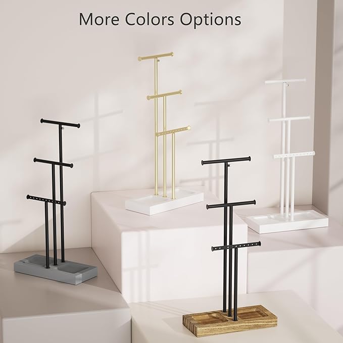 Love-KANKEI Jewelry Organizer Stand Metal & Wood Base and Large Storage Necklaces Bracelets Earrings Holder Organizer Gift Black and Carbonized Black