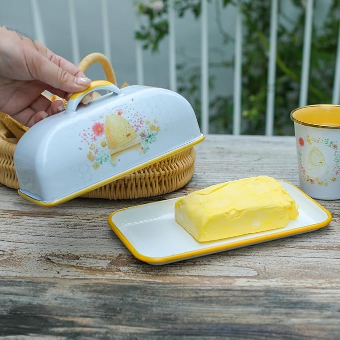 Enameled Farmhouse Vintage Butter Dish with Lid, 7.5 Inch Durable Kitchen Food Storage Container Rust-Resistant Refrigerator Safe,Vintage Decorative Design Kitchenware for Countertop