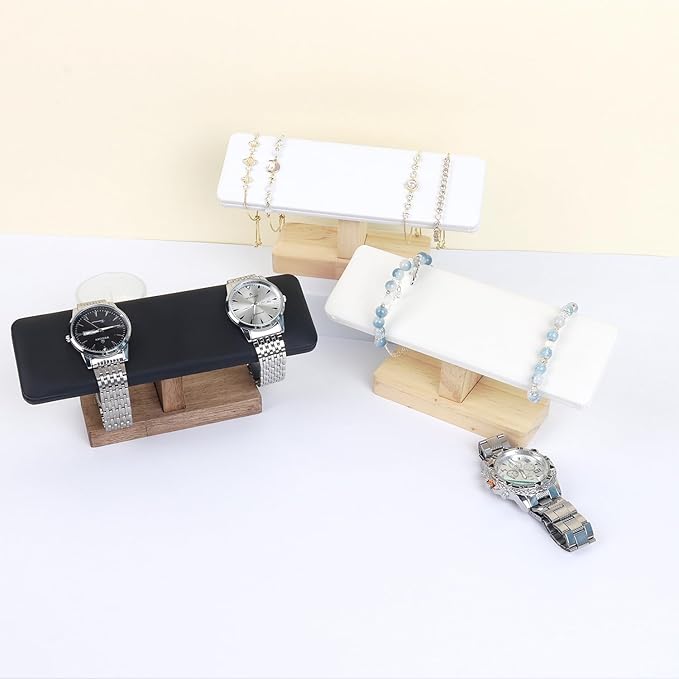 Bracelet Display Tower Jewelry Holder Organizer Rack Wooden Base Watch Display Bangle Scrunchie Headband Headtie Stand Exterior Black PU