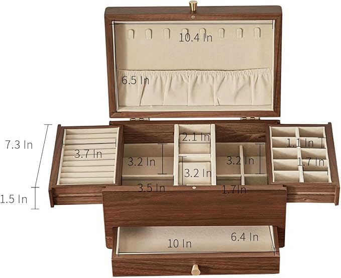 Wooden Jewelry Box for Women, 3 Level Multi-functional Drawers Black Walnut Jewelry Organizer Box, Watch, Necklace, Ring, Earring Storage - Gifts (No Mirror)