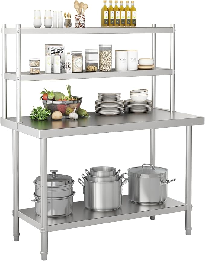 2-Tier Stainless Steel Commercial Work Table 47.2" W x 23.6" D x 31.5" H with Overshelf, Heavy Duty Kitchen Prep Table for Restaurant, Home Kitchen, Garage, Warehouse