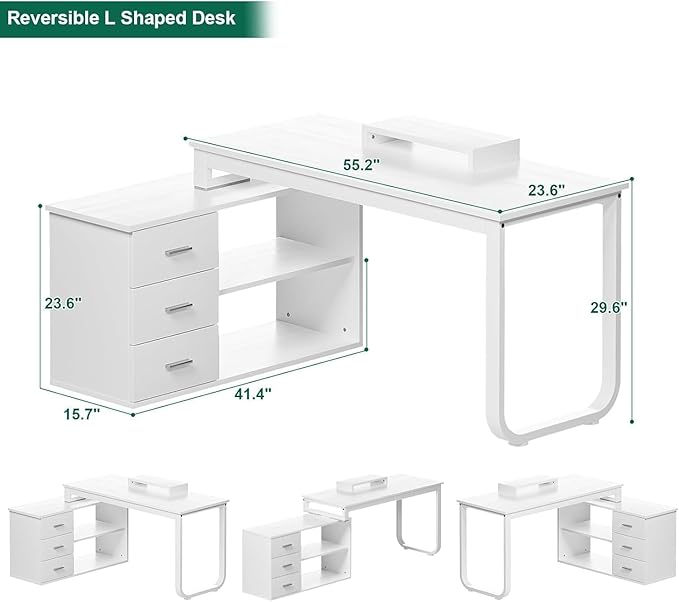 55 Inch Reversible L Shaped Desk with 3 Drawers, White Craft Desk with Storage, Corner Computer Escritorio with Shelves and Monitor Stand for Bedroom, White
