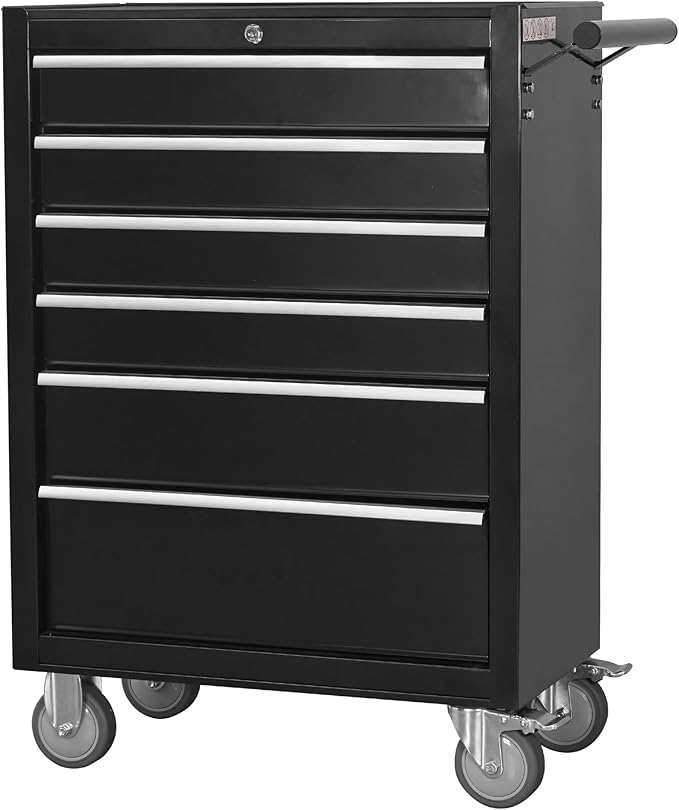 6-Drawer Rolling Tool Chest Cabinet, Large Capacity Metal Tool Box with Wheels and Locking, Roll Around Storage Organizer Tool Cart for Garage, Warehouse, Work Shop - Black