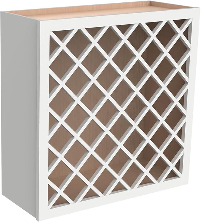 Solid Wood RTA Wine Bottle Rack Wall Cabinet with Lattice Panels - Bottle Holder Storage for Bar, Pantry, or Wine Cellar - Mocha finish Countertop Solution (Origami White, 24”W × 12”D × 30”H)