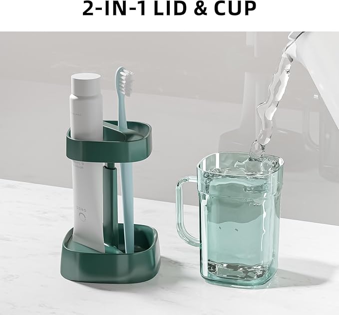 Toothbrush Holder with Cover/Cup, Bathroom Counter Organizer for Regular and Electric Toothbrushes and Toothpaste, Sleek Modern Bathroom Accessories, Green