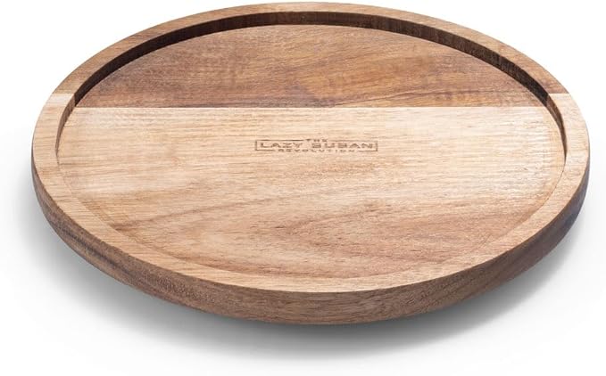 9" Acacia Wood Lazy Susan Revolution Turntable w/Rim – Rotating Tabletop Organizer for Spices, Kitchen, Counter or Pantry, 360° Turnable, Rustic Look