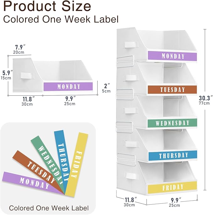 Closet Organizers and Storage - 5 Tier Shelf Organizer with Weekly Labels, Stackable Storage Bins with Metal Frame, Foldable Cube Bins, Home Baskets for Kids and Adults, White