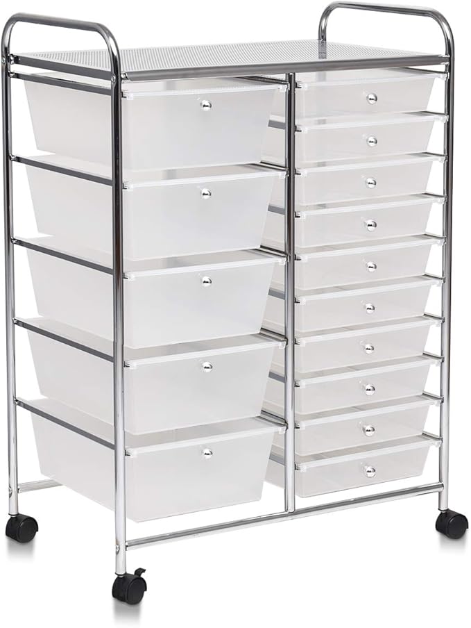 Giantex 15 Drawer Rolling Storage Cart Tools Scrapbook Paper Office School Organizer, Clear