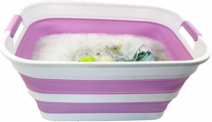 SAMMART 27L (7.1 Gallons) Collapsible Plastic Laundry Basket with Handle-Foldable Pop Up Storage Basket with handle (1, White/Pale Purple/White)
