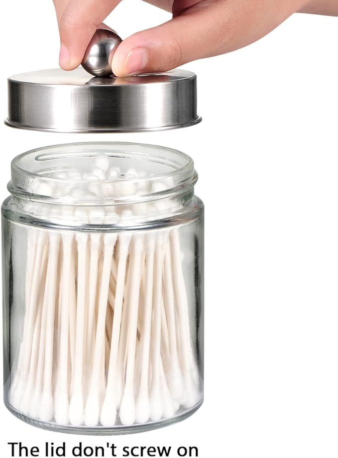 Amolliar 6Pc Apothecary Jars Bathroom Vanity Organizer- Rustic Farmhouse Decor Storage Canister&Stainless Steel Lids- Qtip Dispenser for Q-Tips,Cotton Swabs,Rounds,Ball,Flossers (Brushed Nickel)