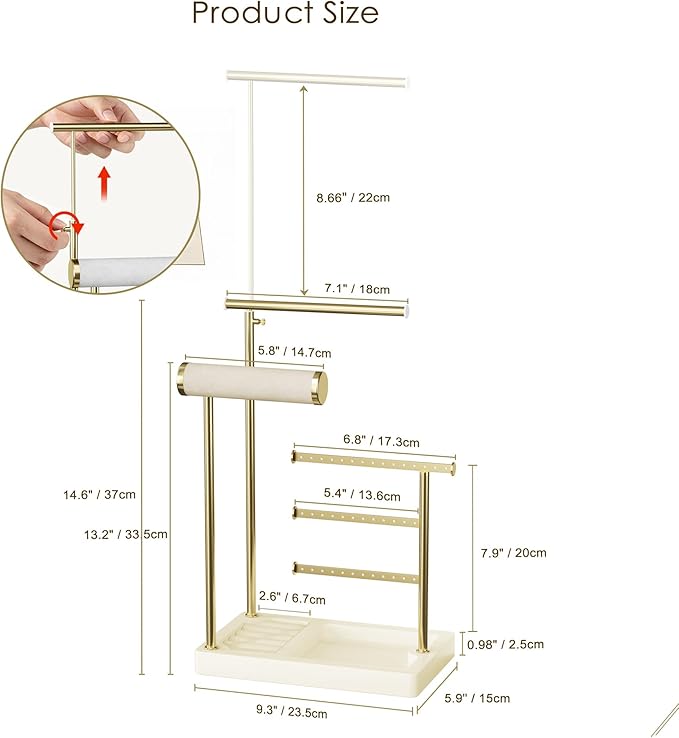 SZQINJI 5 Tier Jewelry Holder Organizer, Gold Jewelry Stand with Velvet Bracelet Holder, Adjustable Height Jewelry Display for Necklaces, Bracelets, Earrings, Rings, Gift Idea for Women, Beige