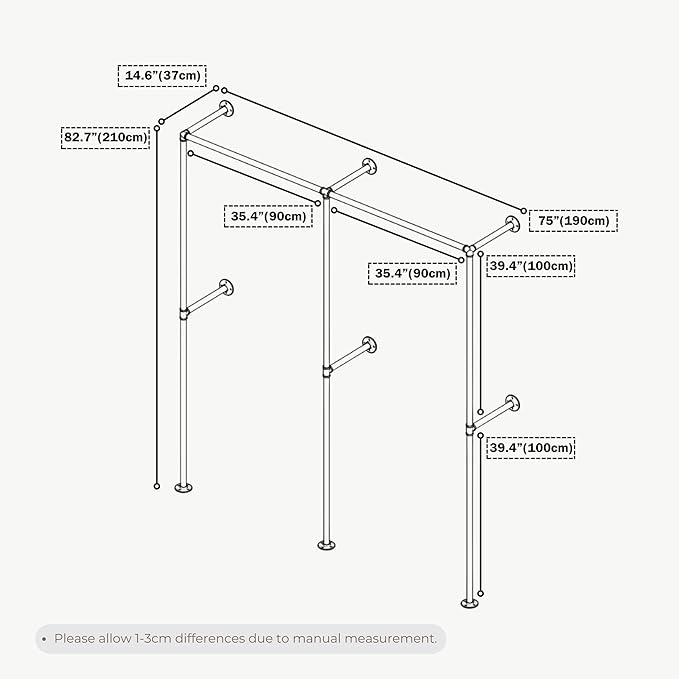 Industrial Pipe Clothing Rack, Heavy Duty Wall Mounted Clothes Rack, Retail Display Hanging Garment Rod for Laundry Rooms, Closet Storage, 14.6x75x82.7 Inches, Model K06