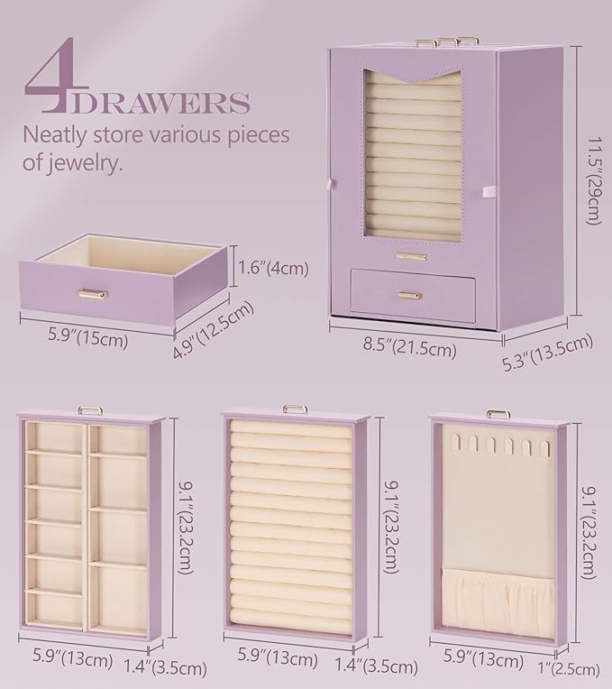 Homde Jewelry Organizer with Transparent Window Necklace Hooks Gift for Women Jewelry Box Display Case for Necklaces Rings Earrings Bracelets and Other Accessories (Grey Purple)