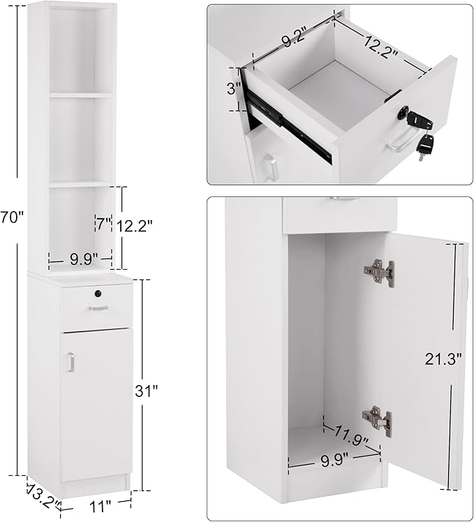 BarberPub Locking Wall Mount Hair Styling Barber Station Drawer Storage Beauty Salon Spa Equipment 3036-1 (White(Handle Left))