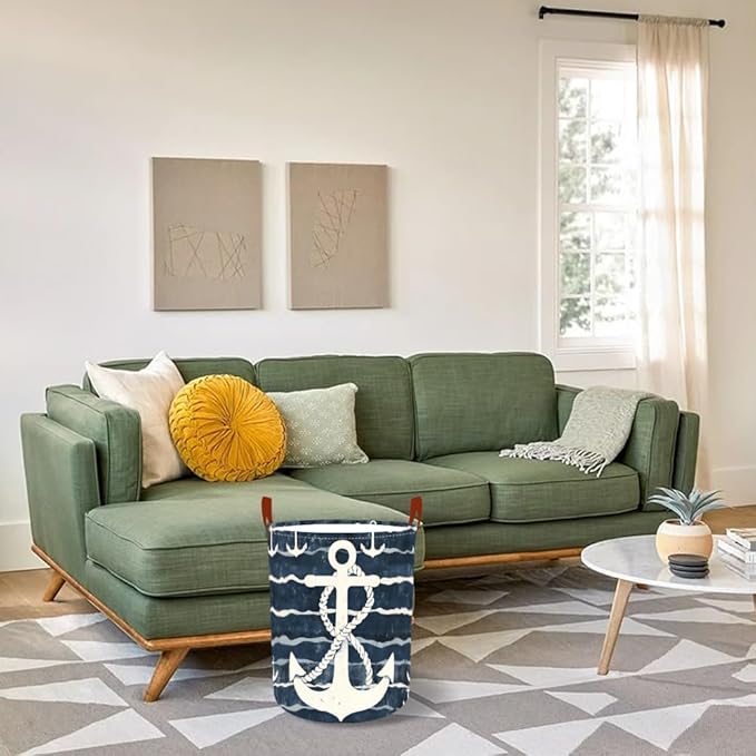 Laundry Baskets 15.7x19.7 Inch Large Nautical Anchor Design Collapsible Laundry Hamper with Handles Oxford Fabric Clothes Storage Bin Foldable Dirty Clothes Organizer for Bedroom Bathroom Dorm