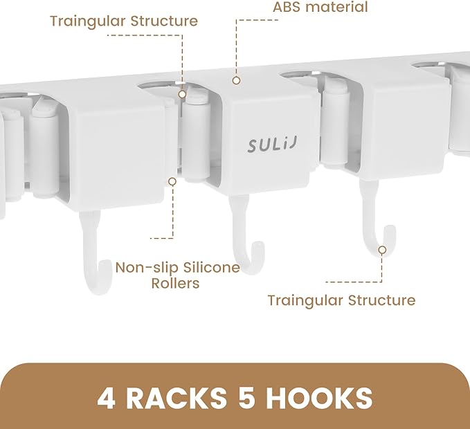 2Pcs Broom Holder Wall Mount, No-Drilling Self-Adhesive Mop and Broom Storage Rack with Hooks (4 Racks with 5 Hooks), Wall-Mounted Broom Hanger for Bathroom, Kitchen, Closet, Garage, White ﻿