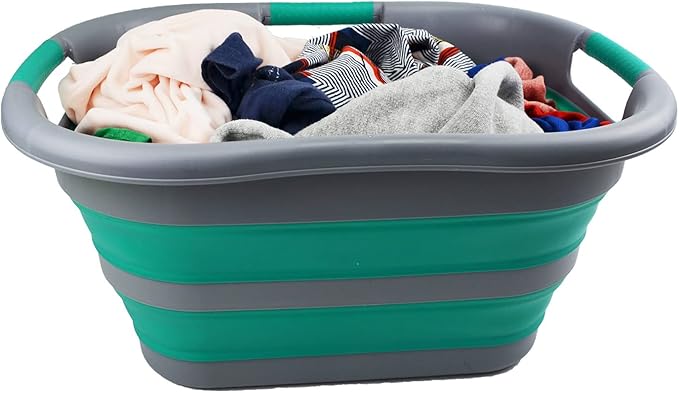 SAMMART 30L (7.9 gallon) Collapsible Plastic Laundry Basket - Foldable Pop Up Storage Container/Organizer - Portable Washing Tub - Space Saving Hamper/Basket (1, Dark Grey/Bluish-Green)