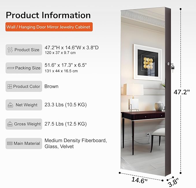 GISSAR Full Length Mirror Jewelry Cabinet, 6 LEDs Jewelry Armoire Wall Mounted Over The Door Hanging, Jewelry Organizer Storage with Lights Lockable, Brown, 14.6" x 47.2"