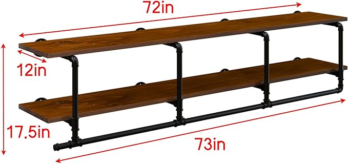 Wall Mounted Clothes Rack 12 Inch Deep, 72 Inch Heavy Duty Garment Rack with Real Walnut Wood Shelf, Multi-Purpose Hanging Rod & Space-Saving Closet Storage Organizer