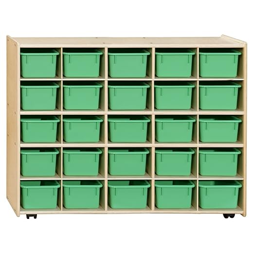 Contender 25 Trays Birch Hardwood Shelving Unit with Lime Green Bins, Kindergarten, Home-School, Daycare Organizer for Toys, Puzzles, Art and Craft Supplies