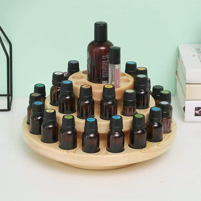 Hapivida Wooden Essential Oil Display Stand, 3-Tier 39 Slots Essential Oil Storage Box Round Rotating Case Holder Organizer Tray Essential Oil Bottle Holder Diffuser Holder Turntable
