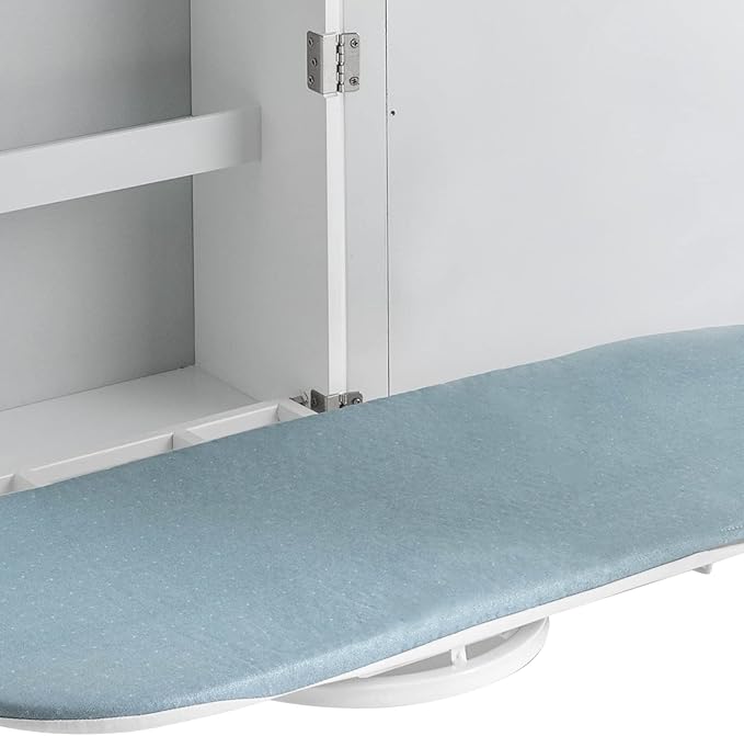 Wall Mounted Ironing Board Cabinet with Storage and Miror Door, 180° Swivel Ironing Boards with Garment Hooks, Foldable Ironing Storage Station for Home, Laundry Room, White