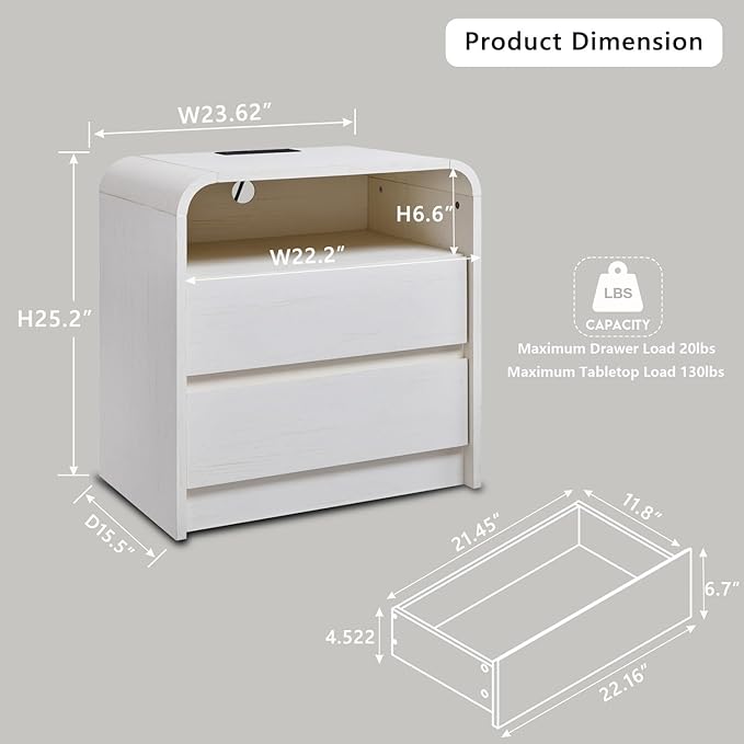 25" Tall Modern Nightstand Set of 2, 23.6'' Wide Wood Bedside Table w/2 Storage Drawers, Charging Station, Mid Century End Table for Bedroom, Living Room,Curved Profile Design, Antique White