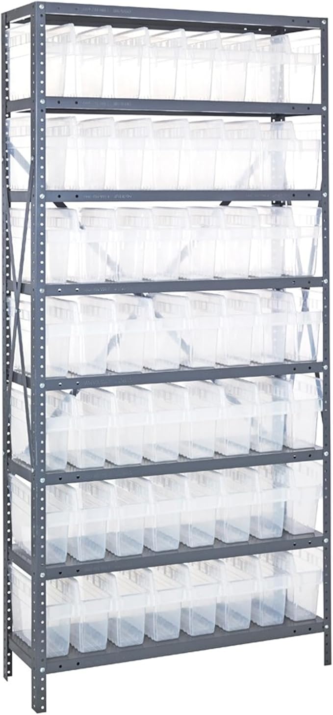 Quantum Storage Systems 1875-SB803CL Solid Heavy Duty 8 Shelves 56 STORE-MAX Clear Bins 75" H x 36" W x 18" D