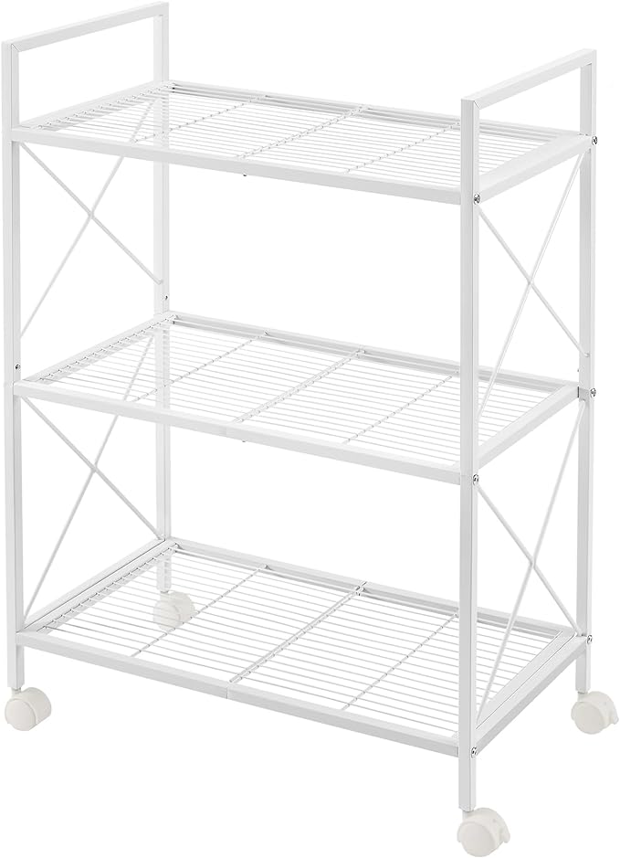 SONGMICS 3-Tier Metal Storage Rack with Wheels, Mesh Shelving Unit with X Side Frames, 23.6-Inch Width, for Entryway, Kitchen, Living Room, Bathroom, Industrial Style, White UBSC163W01