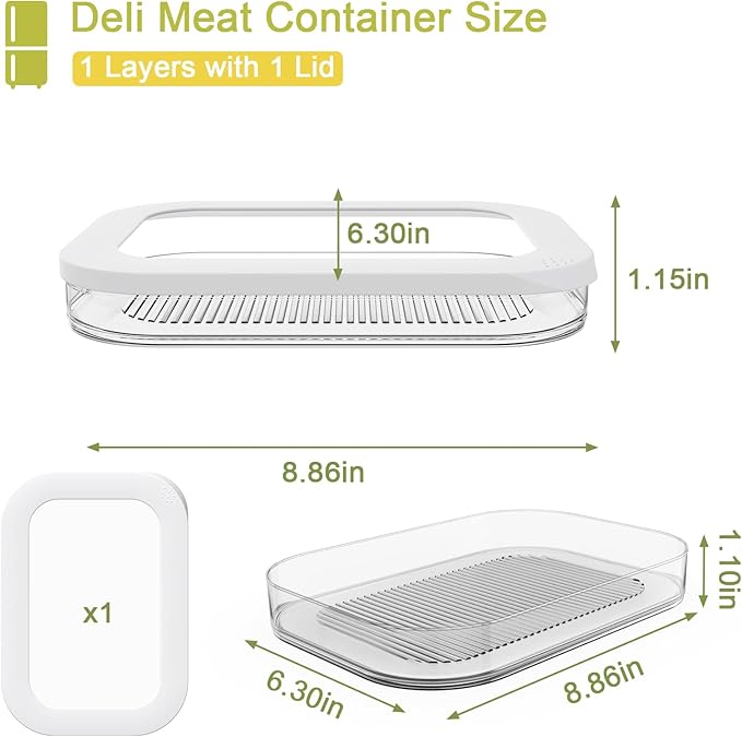 Stackable Deli Meat Container with Drainage Groove and Silicone Lid, Clear Refrigerator Storage Containers for Lunch Meats, Cold Cuts, Bacon, Cheese, BPA Free - 1 Layer