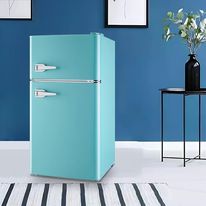 Small Refrigerator with Freezer Double Door Mini Fridge Adjustable Glass Shelves, Detachable Handle,7 Level Temperature Control Fridge for Dorm, Office, Apartment Blue