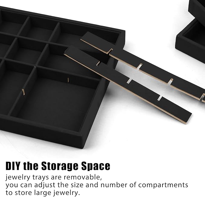 Lainrrew Jewelry Tray, 4 Pack Jewelry Organizer Velvet Jewelry Tray Stackable Jewelry Trays, Necklace & Earring Holder, Divided Bracelet & Ring Storage, 13.8"x9.5"x1.2" - Elegant Display Case (Black)