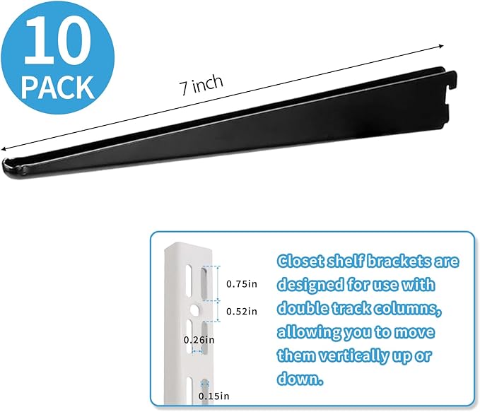 10 Pack 7‑Inch Adjustable Wire Shelf Brackets – Heavy‑Duty Double‑Track Closet & Wall Shelving System Supports（Black）