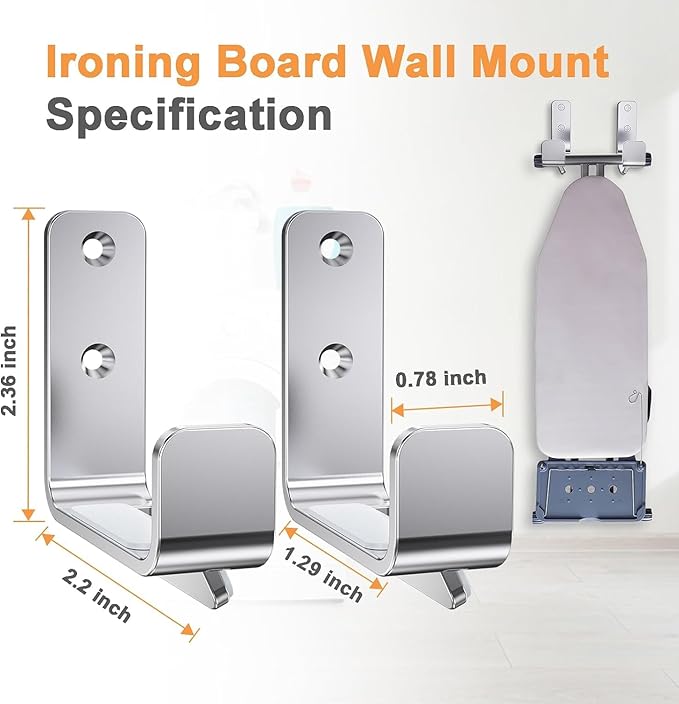 2PCS Ironing Board Wall Hook Modern Wall Mount Ironing Board Hanger for Laundry Rooms Rack Hanging Shelf Hanger Stainless Steel,Silver
