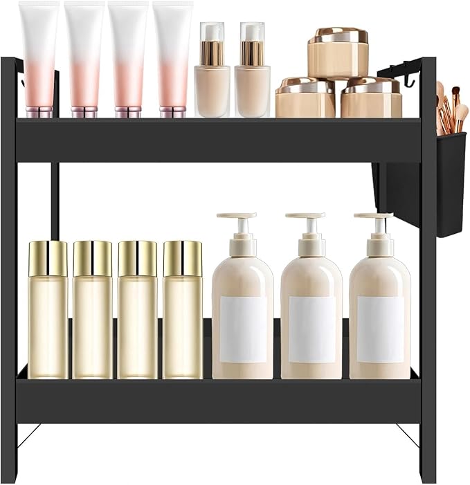 Bathroom Countertop Organizer with Basket & Hooks, 2 Tier Bathroom Organizers and Storage for Perfume, Cologne, Spice, Black Vanity Organizer for Kitchen, Office and Under Sinks