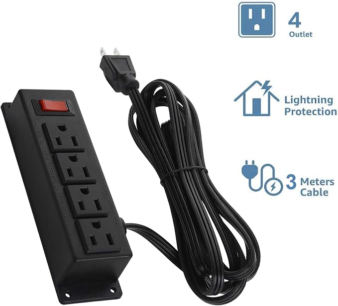 Wall Mount Power Outlet Strip, 4 Outlet Mountable Power Strip with Switch, Under Desk Power Strip Connect with 10ft Cord Mount Under Desk, Workbench, Nightstand, Dresser, Table.(Black)