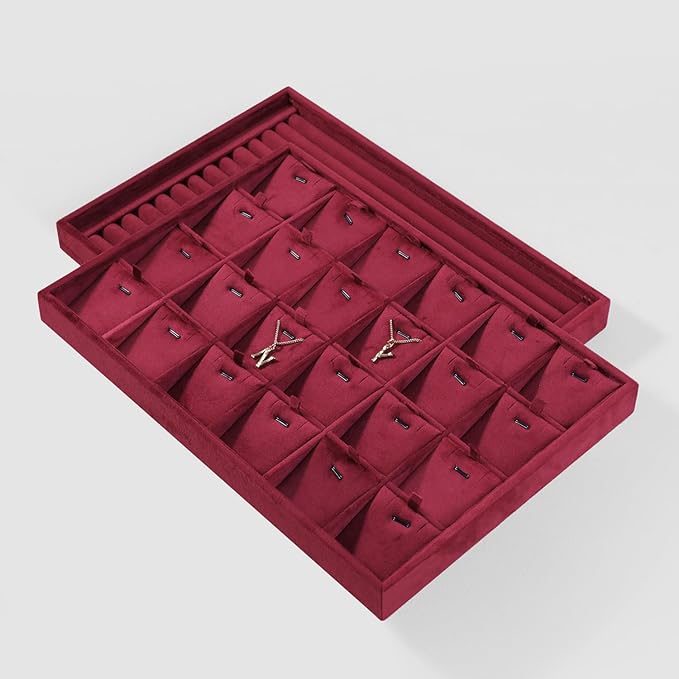 Velvet Necklace Display Tray, Stackable 24 Grid Insert Pendant Necklaces Storage Holder Plate, Jewelry Retail Countertop Organizer (Red)