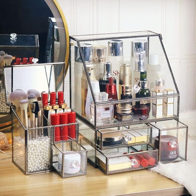 Hersoo Glass Antique Brass Stackable Drawer Set Makeup Organizer for Vanity Antique Countertop Vanity Cosmetic Storage Box Mirror Glass Beauty Display