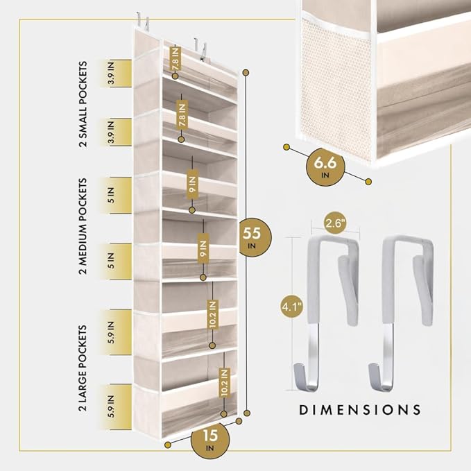 HOMELUX THEORY Over The Door Organizer Hanging - 50lbs Load 6 Large Front & 12 Side Pockets, 2 Pack Over The Door Shoe Organizer, Hanging Closet Organizer For Toys, Diaper - Sewing Organizers (Ivory)