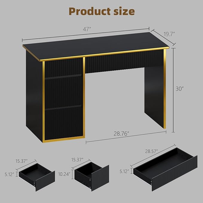 4 EVER WINNER 47'' Computer Desk with Drawers, Small Desk with Drawers File Cabinet, Writing Study Desk for Bedroom, Black Desk