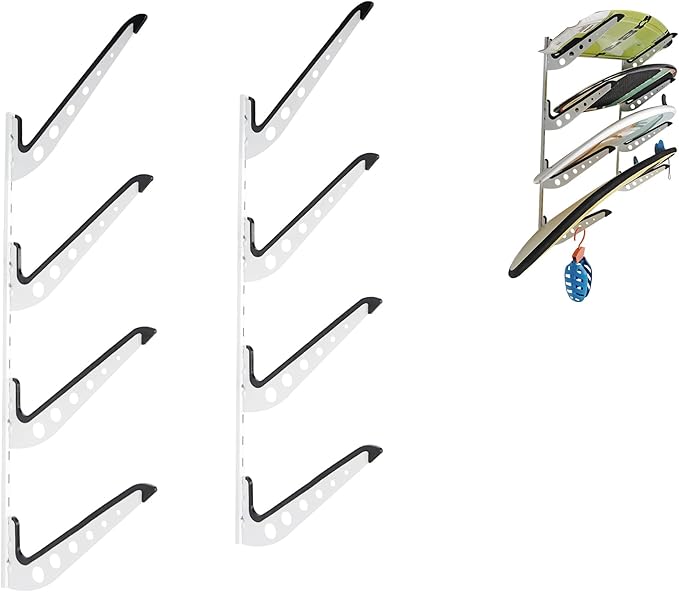 4 Board Surf Rack Wall Mount for Surfboard, Wakeboard, Snowboard Storage Adjustable Wall Hangers Boards Display White