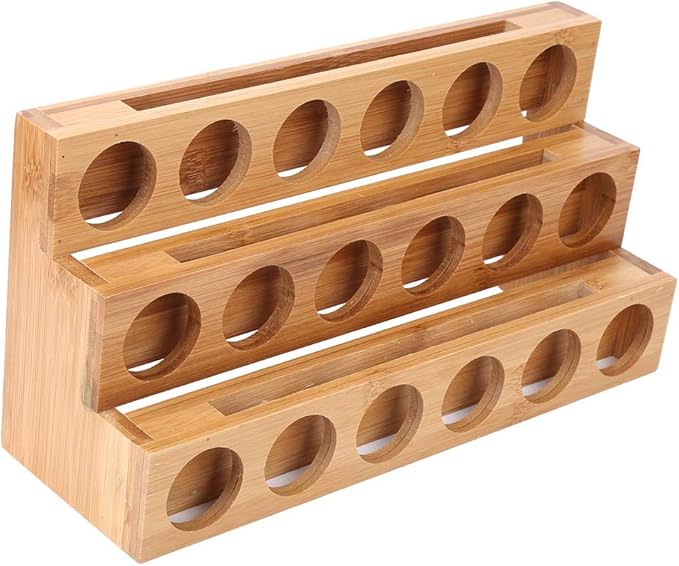 3 Tier Essential Oil Holder Stand, 1.4in Hole Diameter Wood Cosmetic Storage Organizer Rack, Makeup Display Stand for 18 Bottles